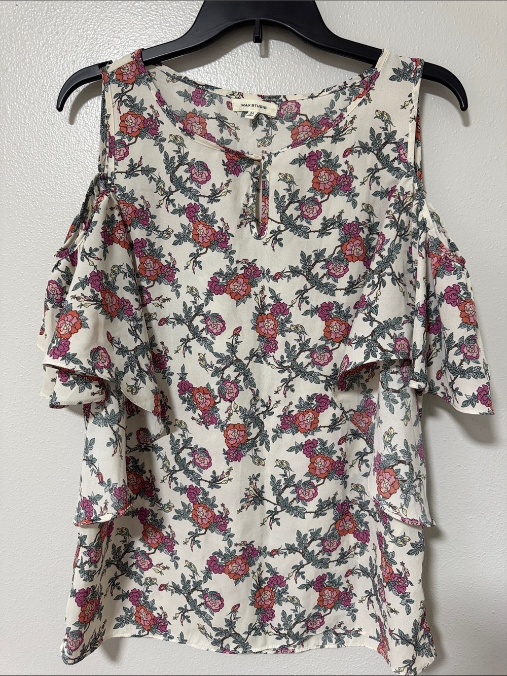 Max Studio Cream Floral Cold-Shoulder Blouse with Pink & Coral Accents